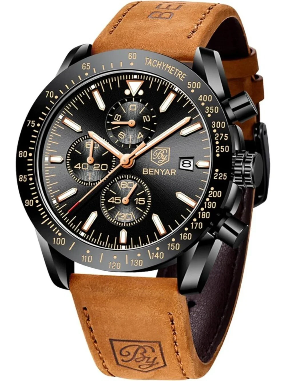 Men Black Analog Brown Silicone Strap Chronograph Luminous Designer Casual Watch